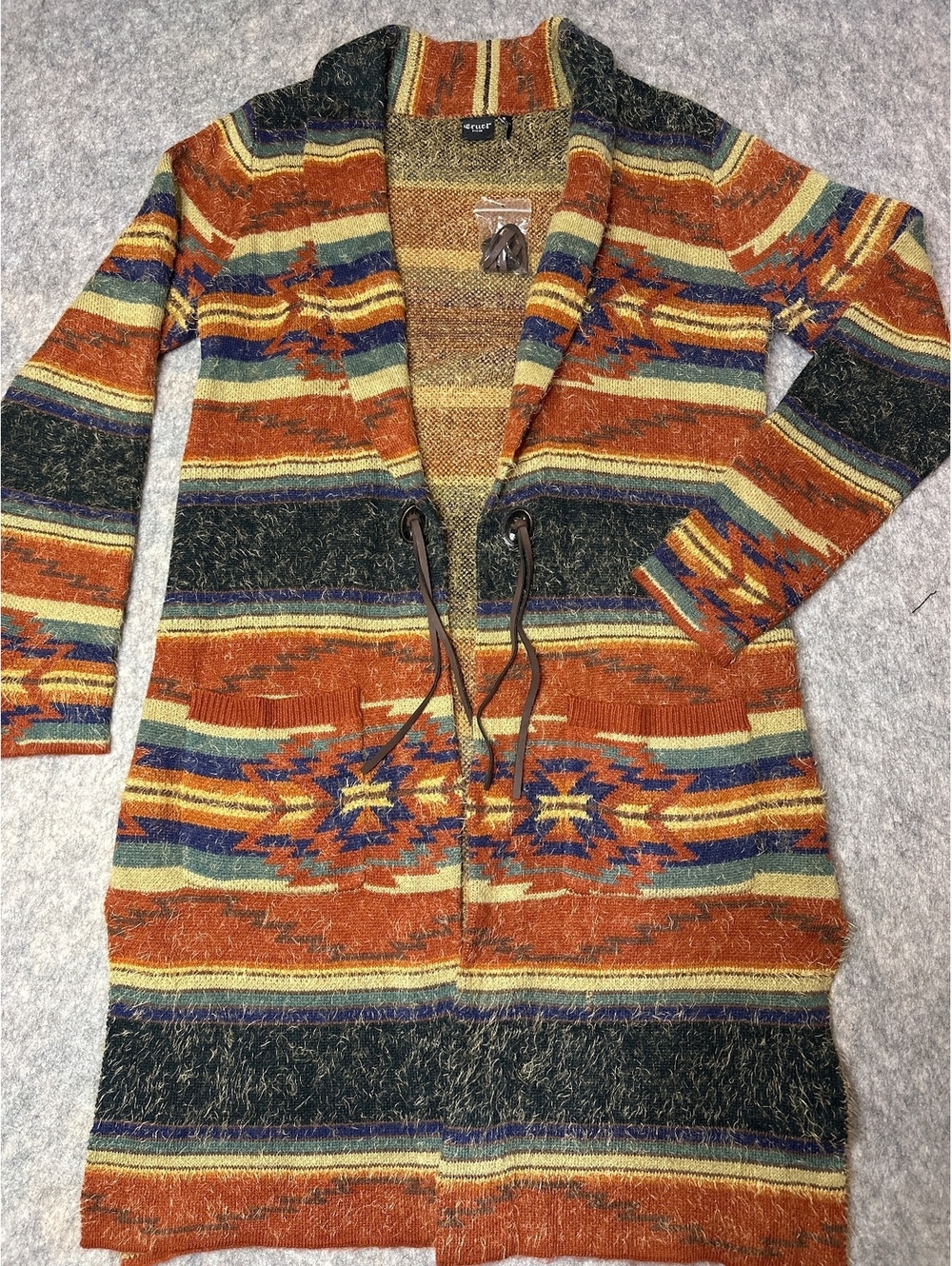 NWOT Cruel Denim Aztec Southwestern Long Duster Cardigan Sweater Fuzzy Knit Sz M